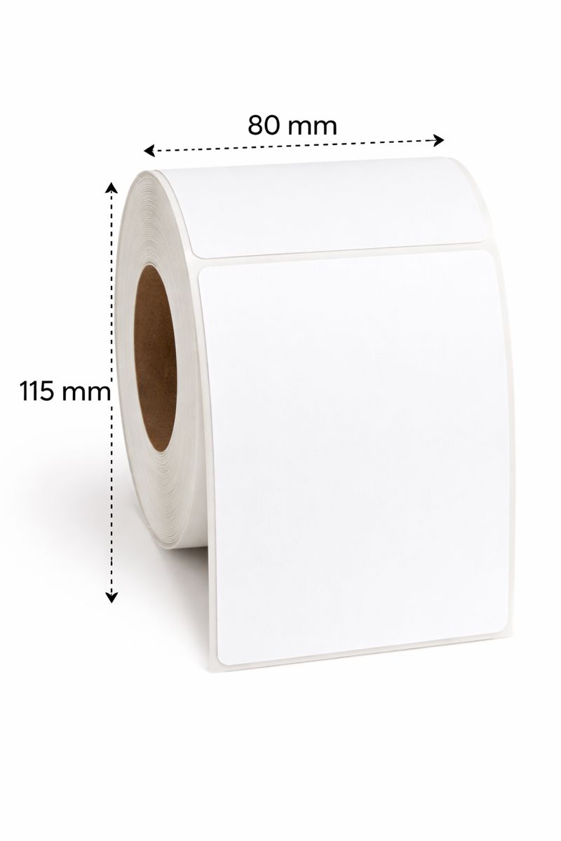 32 01152 – Etiketa 80 mm x 115 mm, Pololesklý papier, Biela, Dutinka 40 mm, 600 ks/kotúč, Odlepiteľné lepidlo