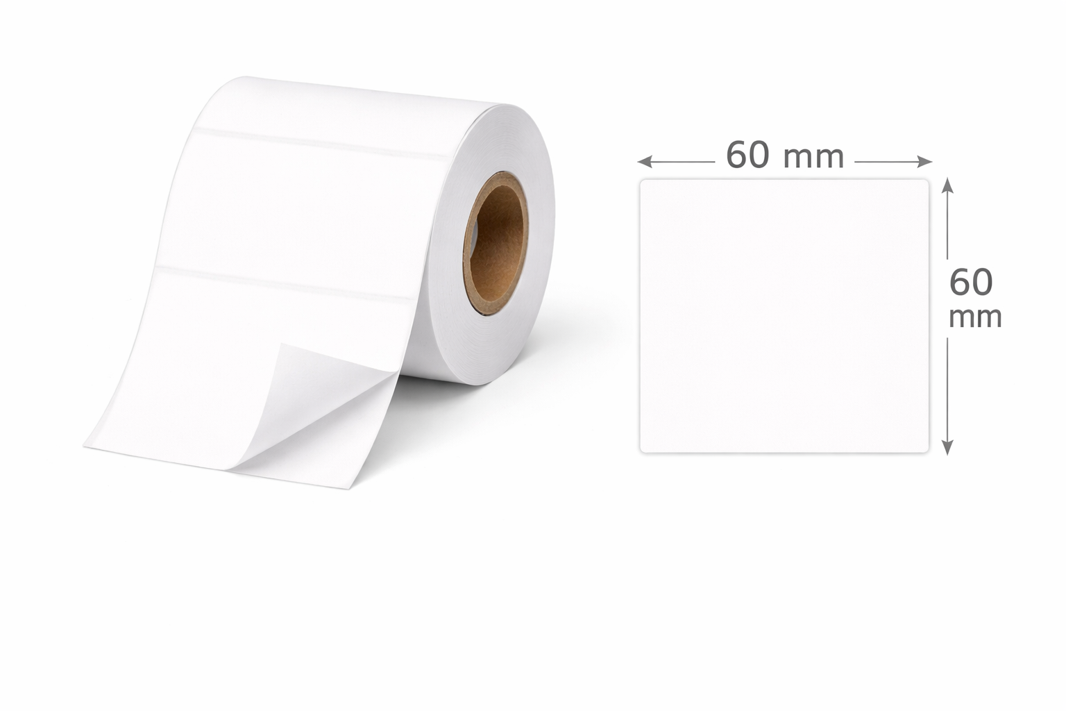 32 01207 – Etiketa 60 mm x 60 mm, Thermo top, Bílá, Dutinka 40 mm, 750 ks/kotouč, Permanentní lepidlo, Průměr kotouče 100 mm